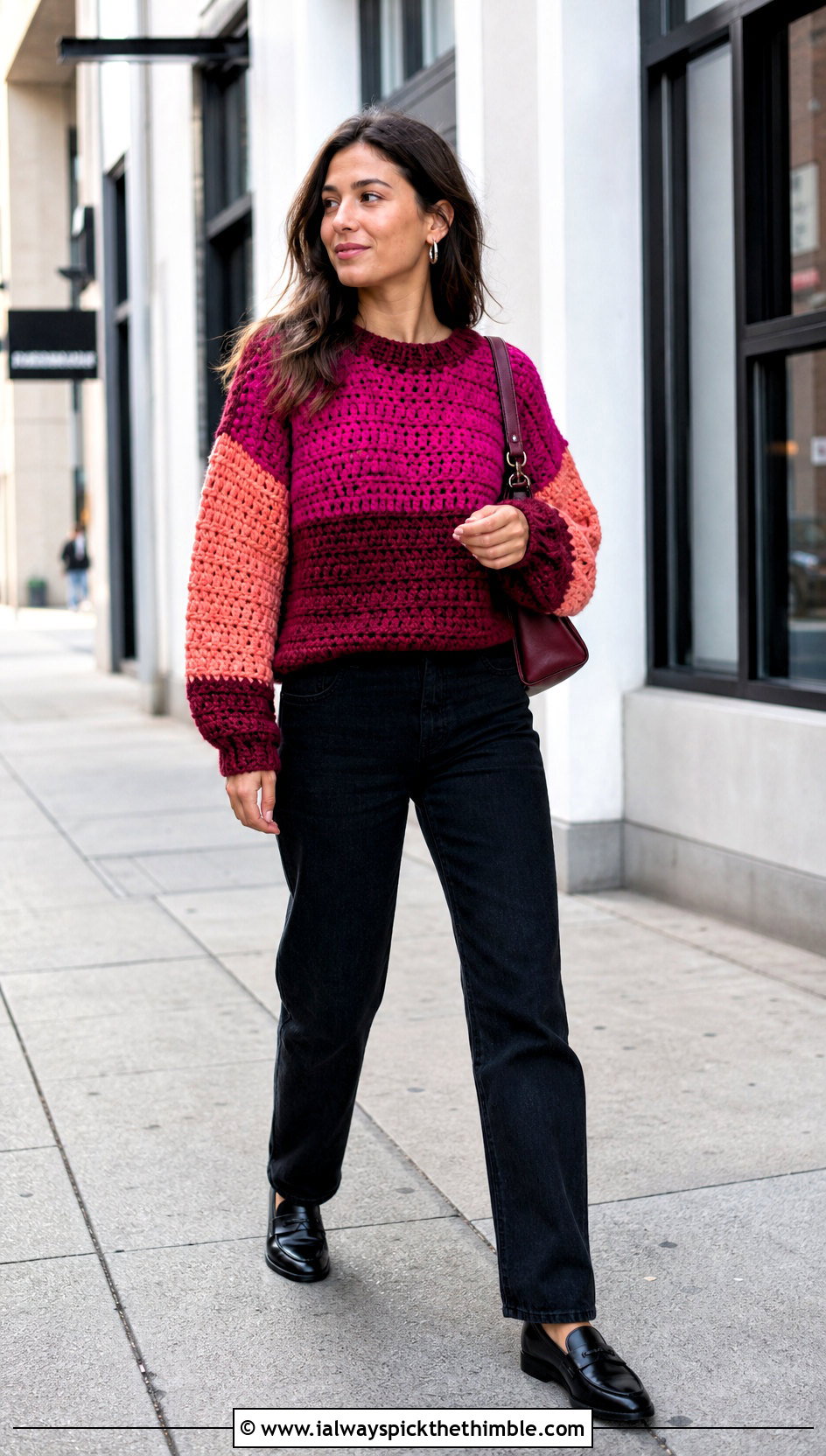 Color Block Double Crochet Sweater With Black Jeans - 25 double crochet sweater outfit ideas