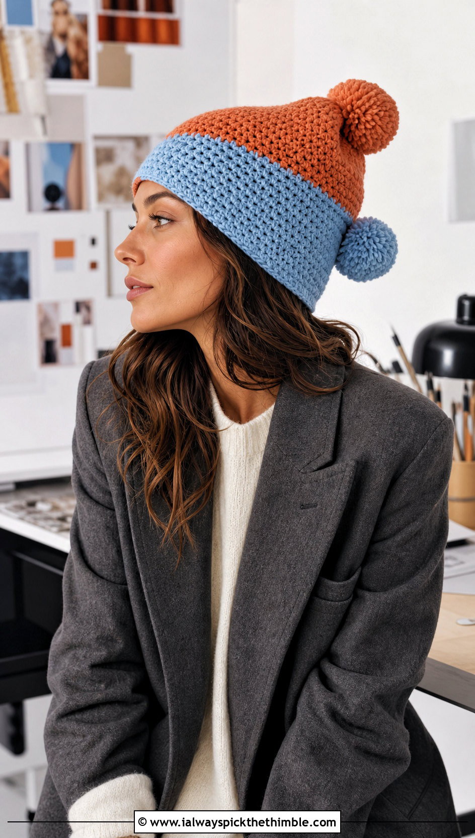Color Block Double Pom Pom Crochet Hat With Blazer - 20 Crochet Double Pom Pom Hat outfit ideas
