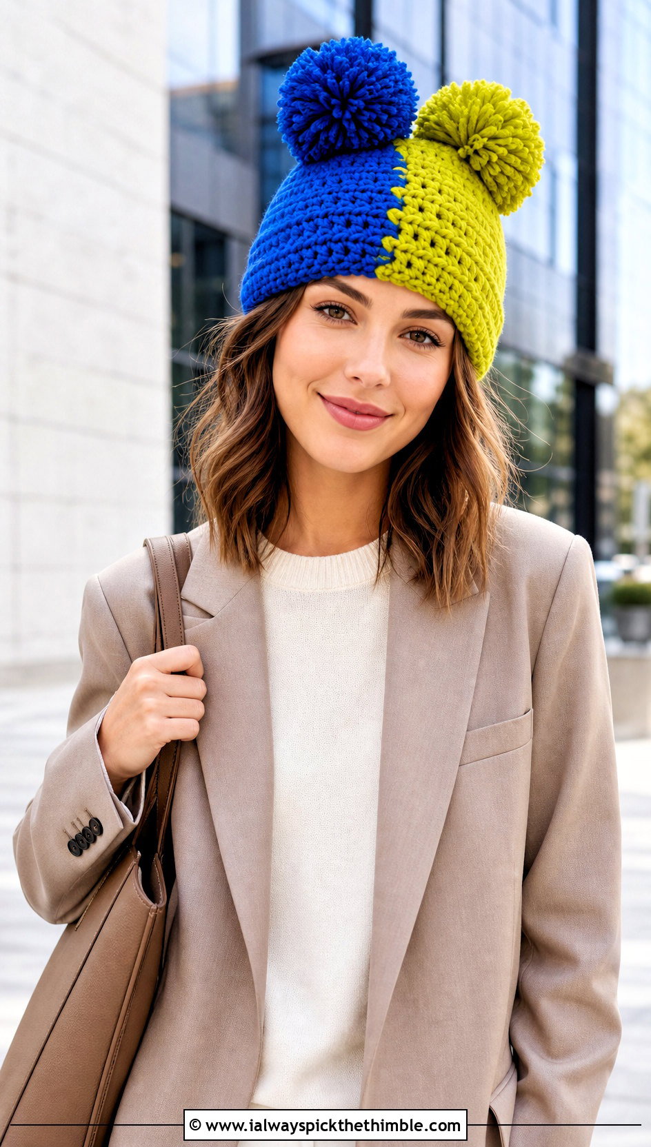 Color Block Double Pompom Crochet Hat With Relaxed Suit - 20 Double Pompom Crochet Hat outfit ideas
