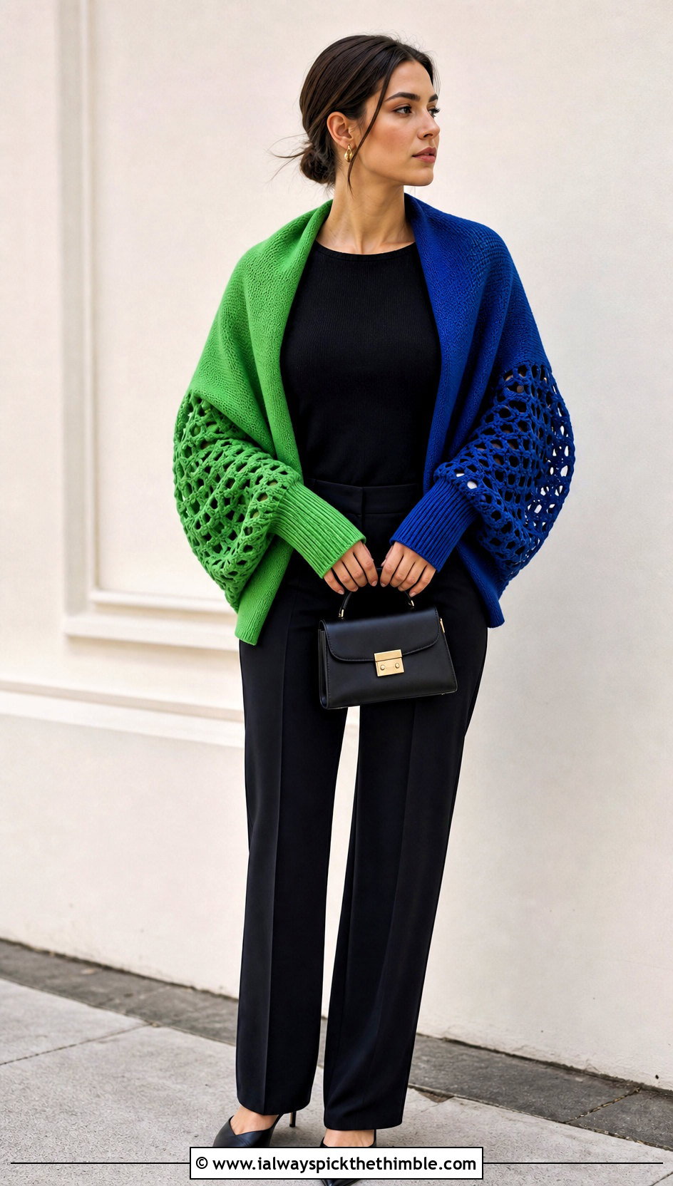 Color Block Double Sleeve Scarf With Monochrome Basics - 20 crochet double sleeve scarf outfit ideas