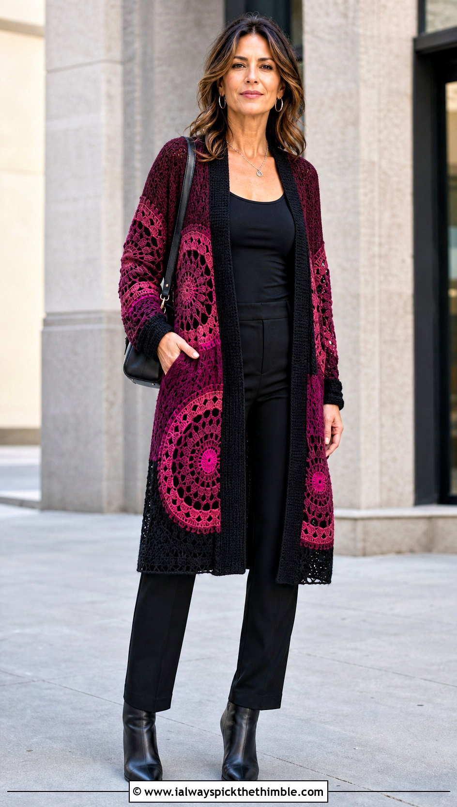 Color Block Dream Catcher Cardigan With Black Basics - 20 dream catcher crochet cardigan outfit ideas