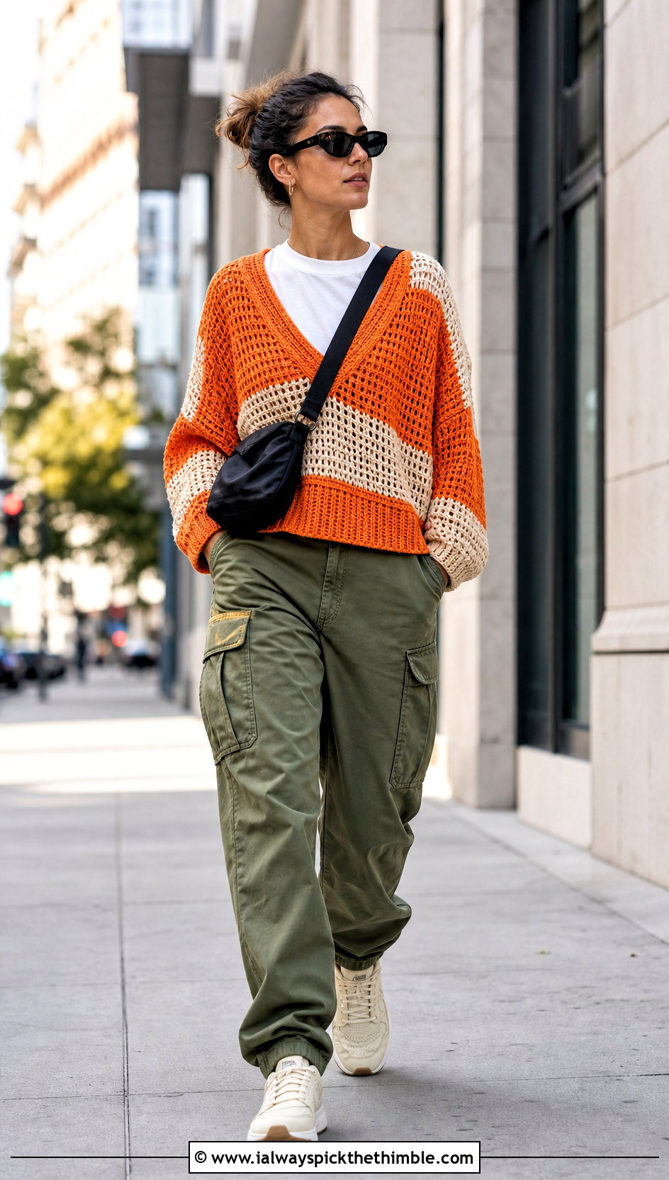 Color Block Drop Shoulder Crochet V Neck Sweater With Cargo Pants - 15 Crochet V Neck Sweater outfit ideas