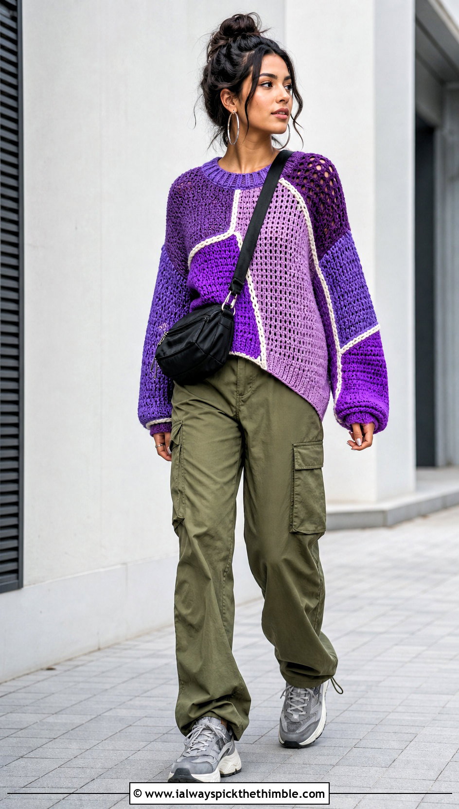 Color Block Drop Shoulder Freeform Crochet Sweater With Cargo Pants - 15 Freeform Crochet Sweater Ideas