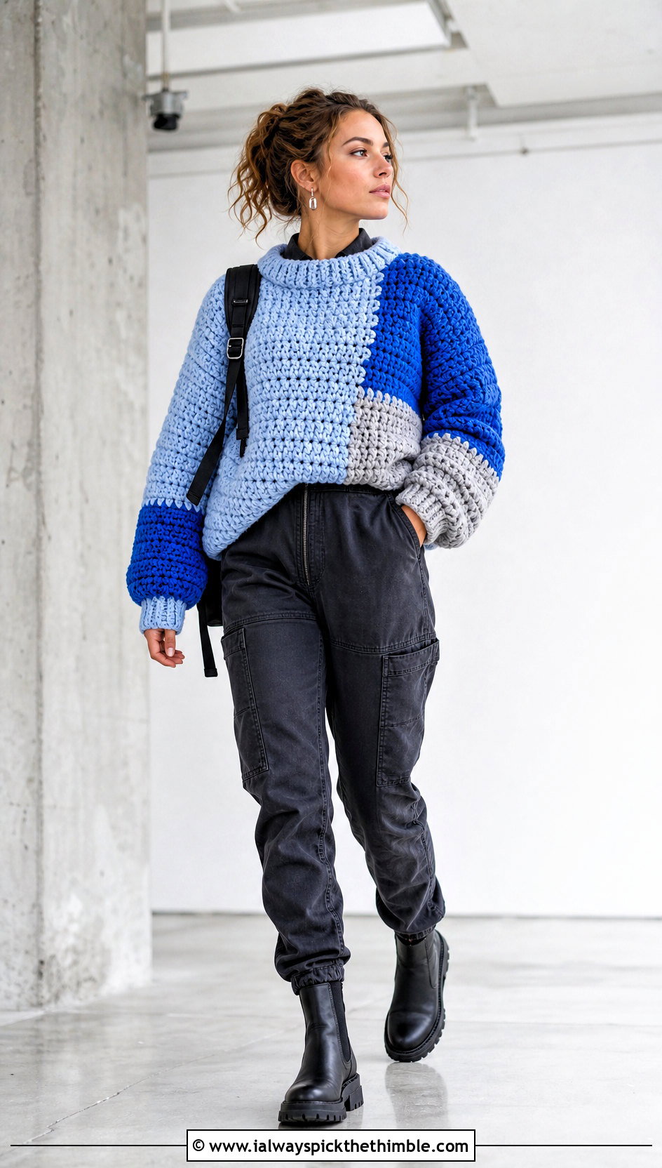 Color Block Drop Shoulder Super Bulky Crochet Sweater With Utility Jumpsuit - 20 Super Bulky Crochet Sweater outfit ideas