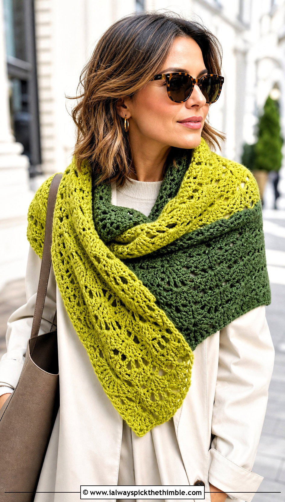 Color Block Fan Stitch Shawl With Trench Coat - 20 Crochet Fan Stitch Shawl outfit ideas