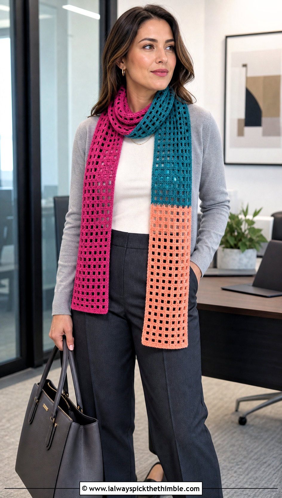 Color Block Filet Crochet Scarf With A Cardigan And Trousers - 25 filet crochet scarf outfit ideas