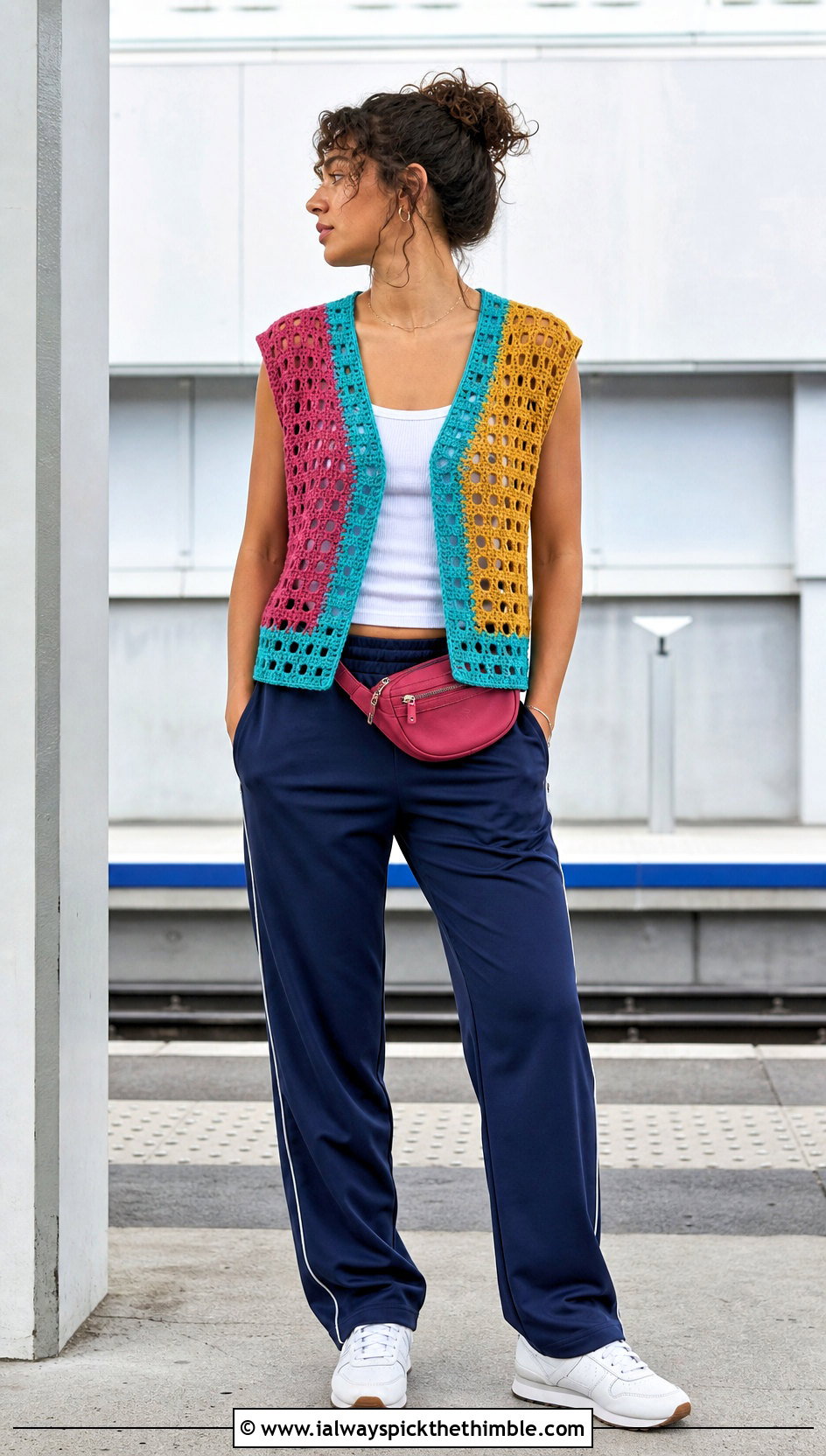 Color Block Filet Crochet Vest With Track Pants - 25 filet crochet vest outfit ideas