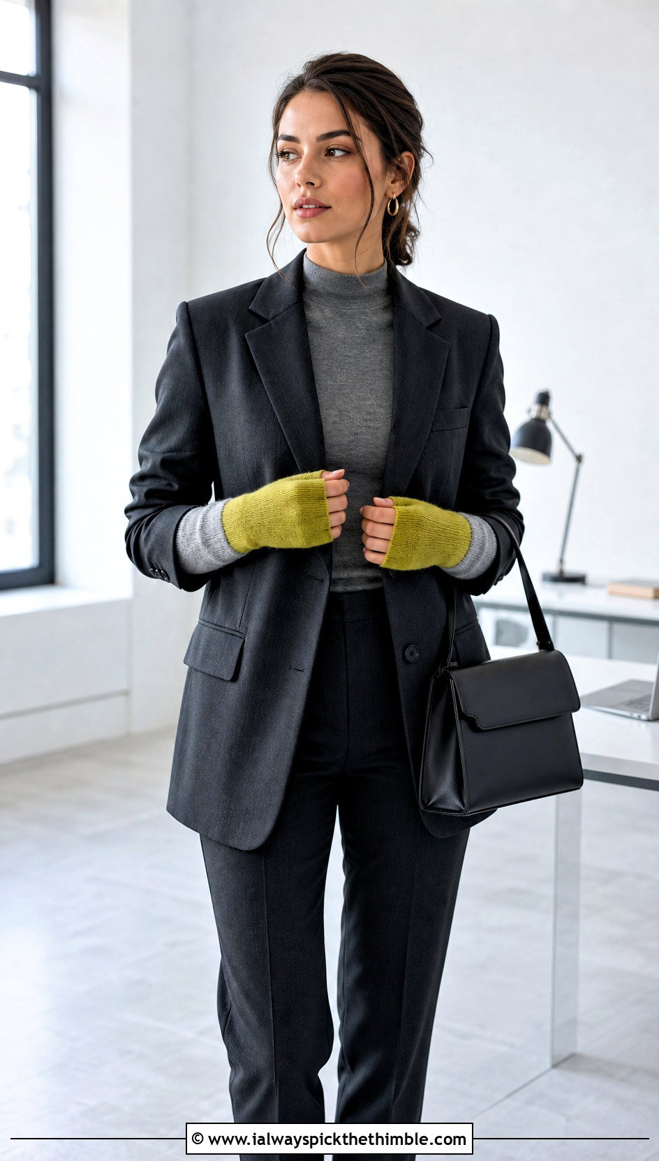 Color Block Fingerless Arm Warmers With Tailored Suit - 15 Crochet Fingerless Arm Warmers outfit ideas