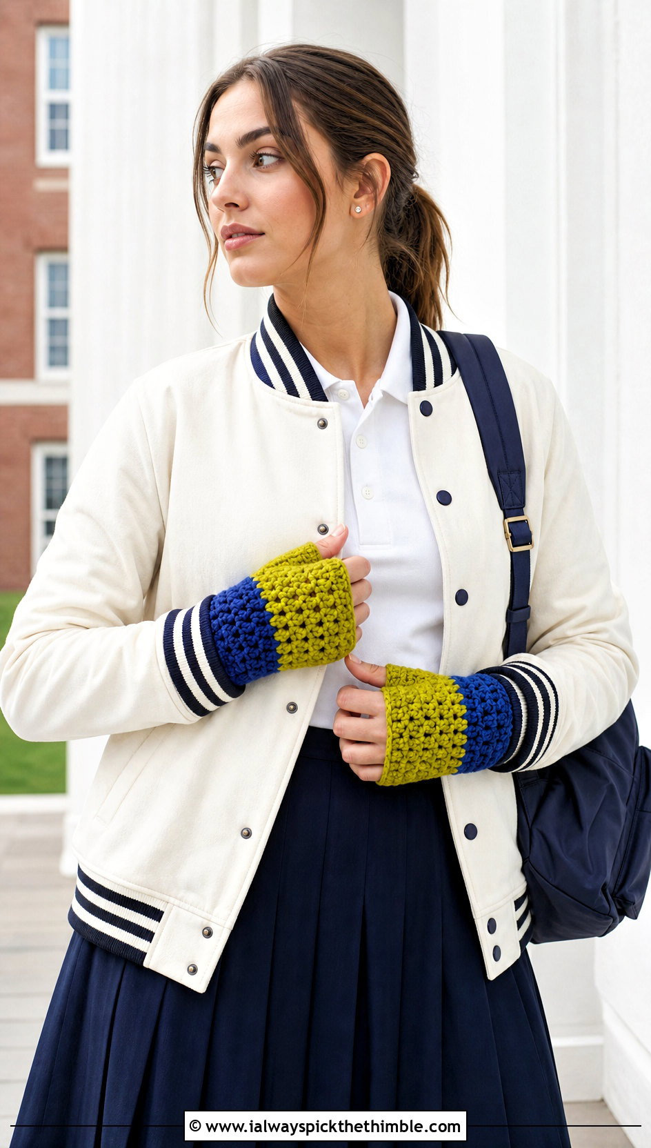 Color Block Fingerless Gloves With Varsity Jacket - 20 Crochet Fingerless Gloves Bulky Yarn outfit ideas