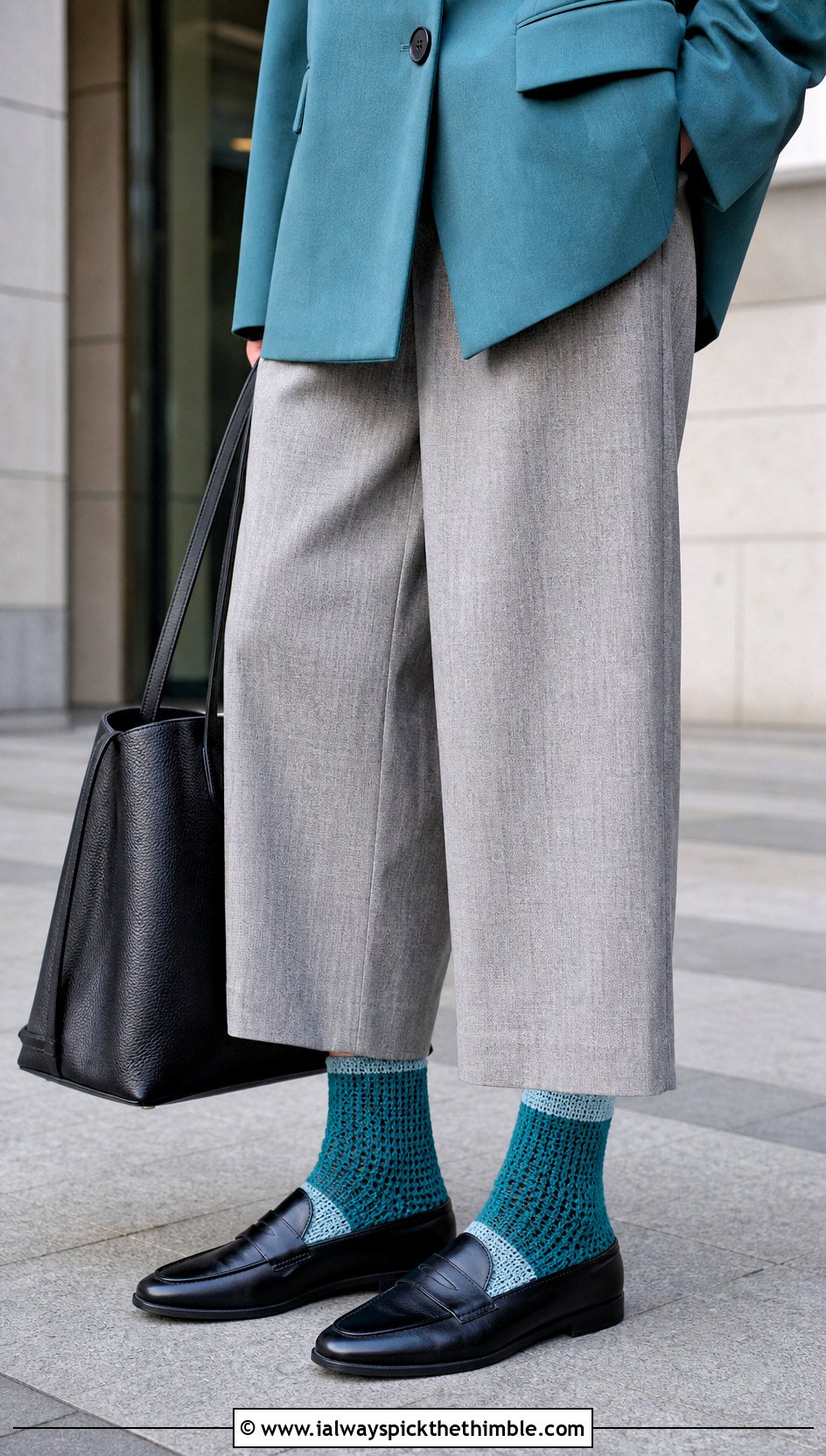 Color Block Flat Crochet Socks With Wide Leg Trousers - 20 flat crochet sock outfit ideas