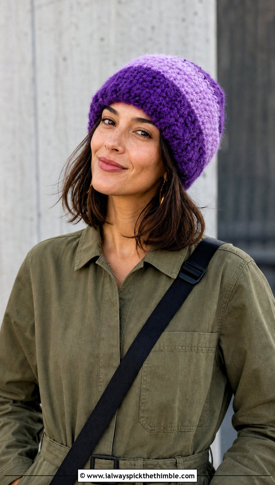 Color Block Fluffy Crochet Beanie With Utility Jumpsuit - 20 fluffy crochet beanie outfit ideas