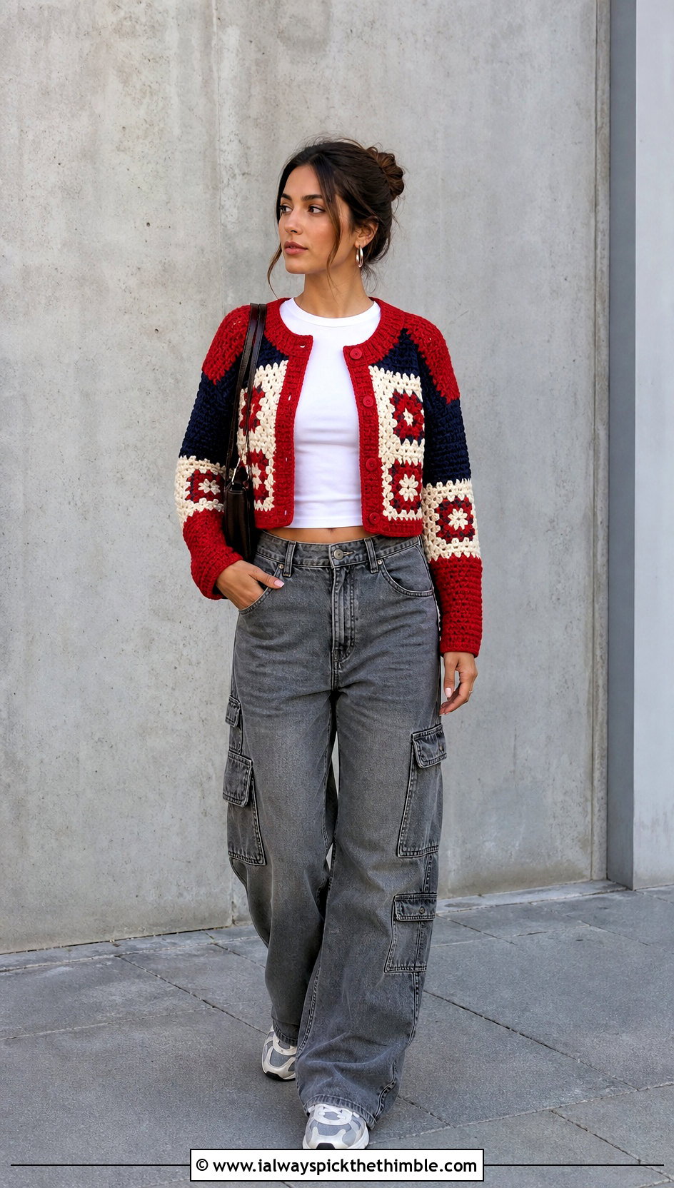 Color Block Folklore Crochet Cardigan With Cargo Jeans - 20 folklore crochet cardigan outfit ideas