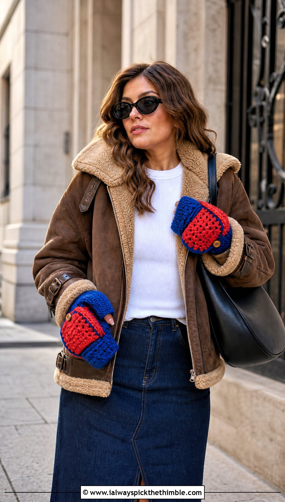 Color Block Glittens With Aviator Jacket and Denim Maxi Skirt - 20 Convertible Crochet Gloves outfit ideas