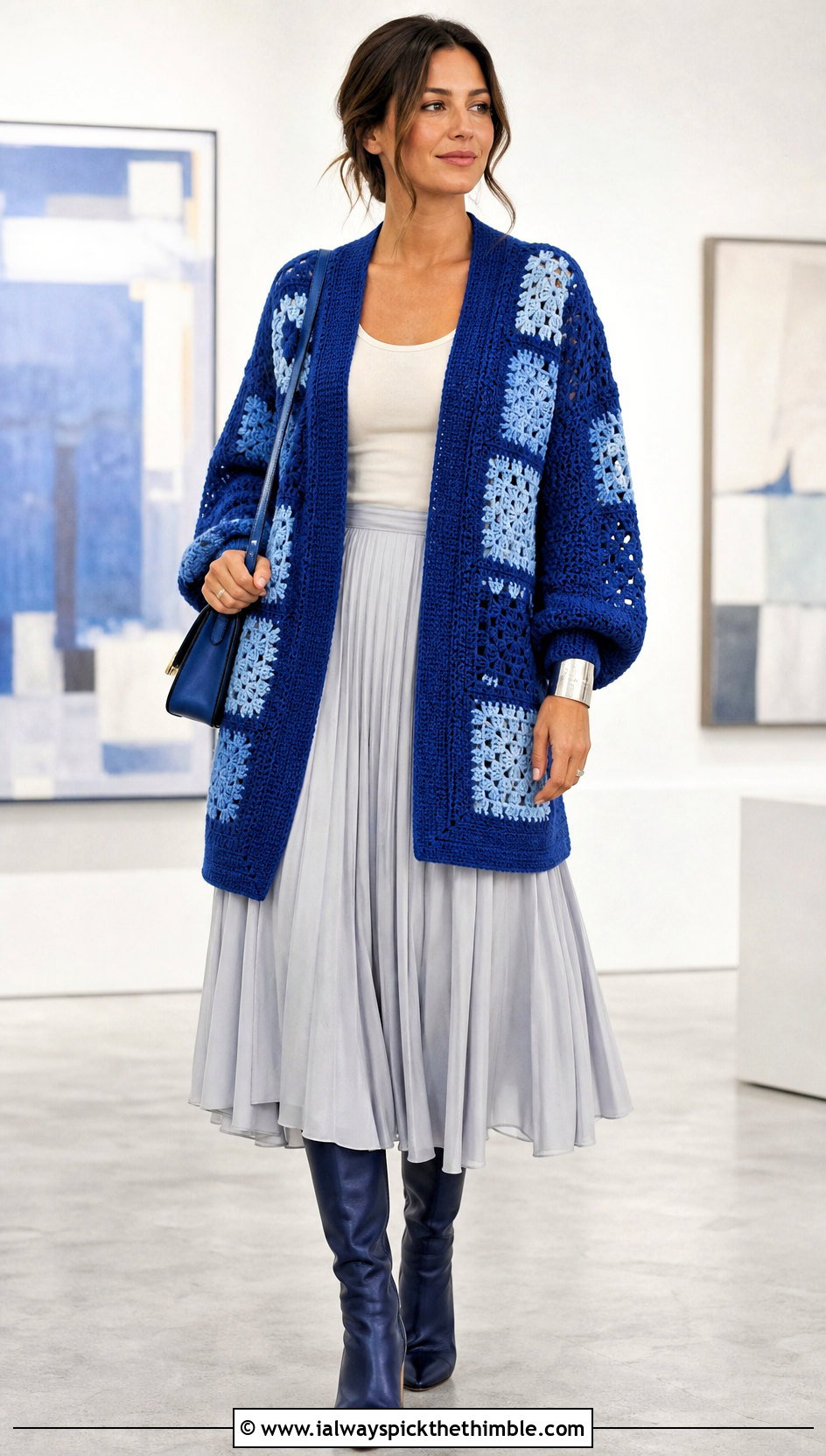Color Block Grandpa Crochet Cardigan With Pleated Midi Skirt - 20 grandpa crochet cardigan outfit ideas