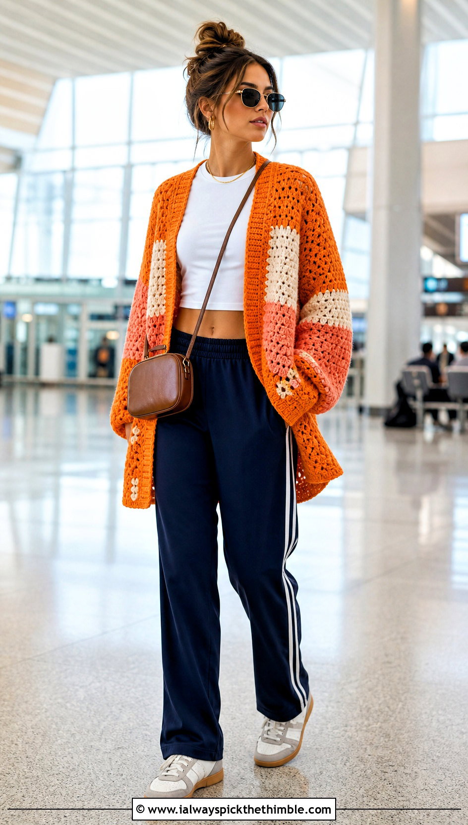 Color Block Grandpa Crochet Cardigan With Track Pants - 15 Grandpa Crochet Sweater outfit ideas