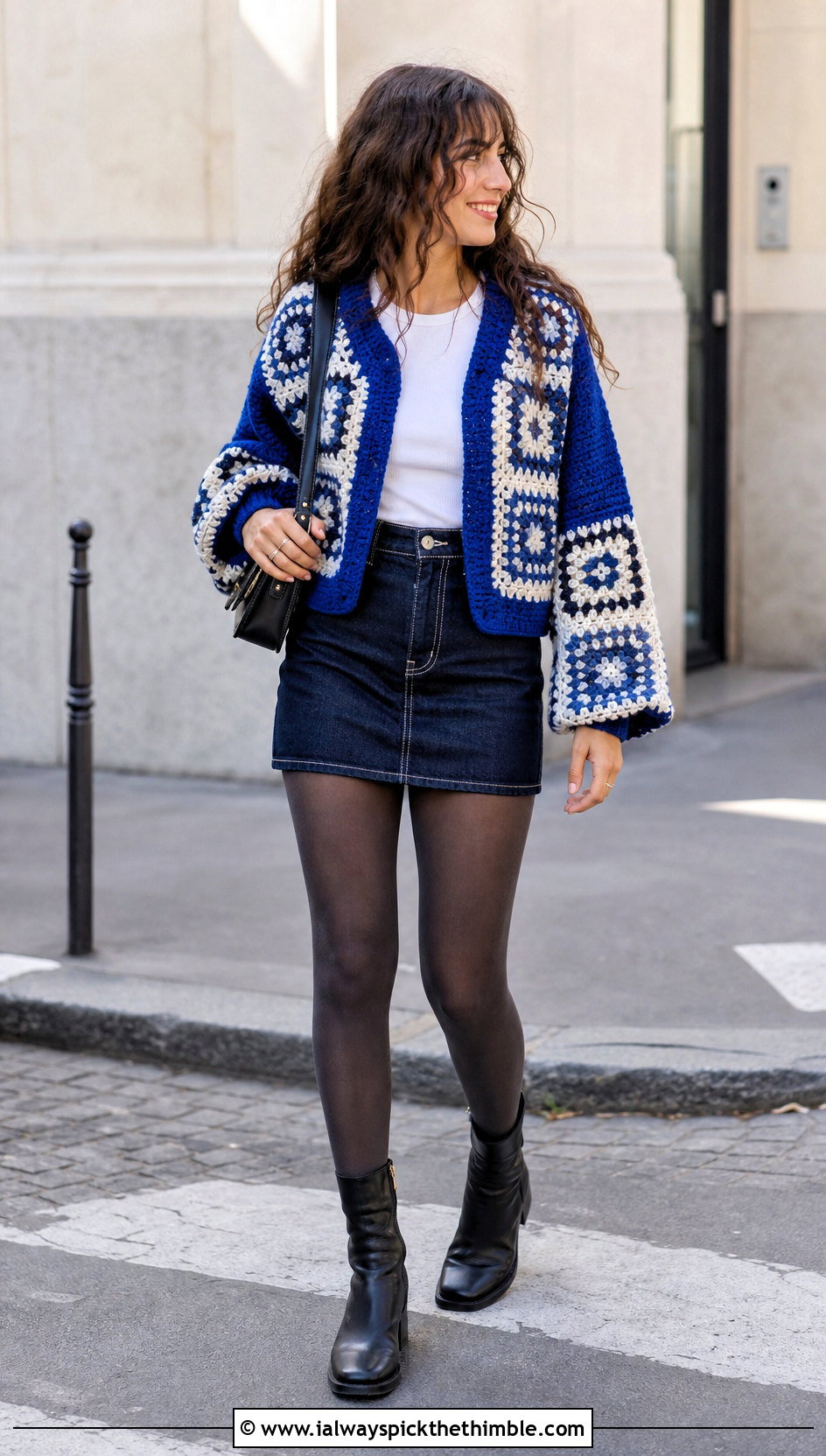 Color Block Granny Cardigan With Denim Mini Skirt - 25 crochet granny cardigan outfit ideas