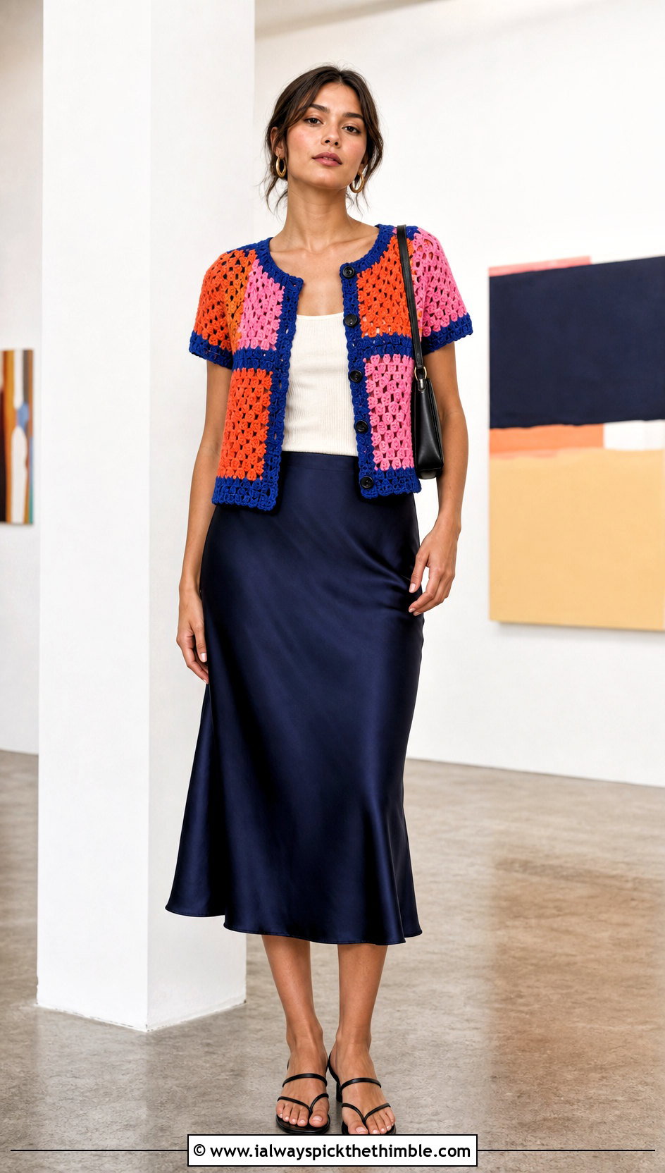 Color Block Granny Cardigan With Slip Skirt - 20 short sleeve summer crochet cardigan outfit ideas