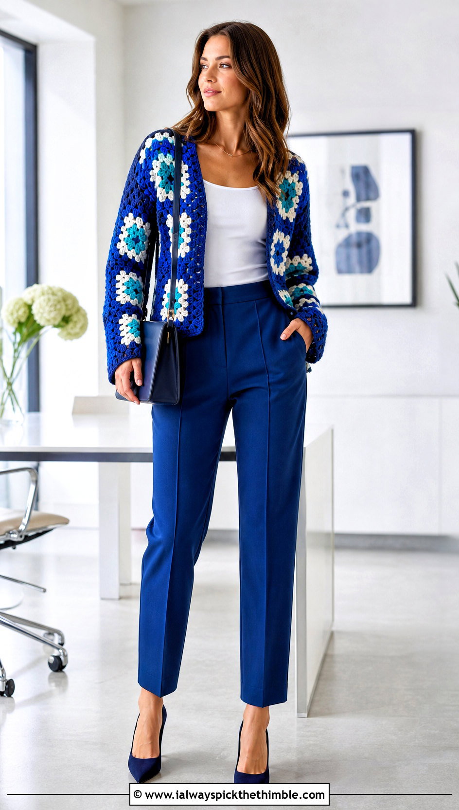 Color Block Granny Crochet Sweater With Matching Trousers - 20 granny crochet sweater outfit ideas