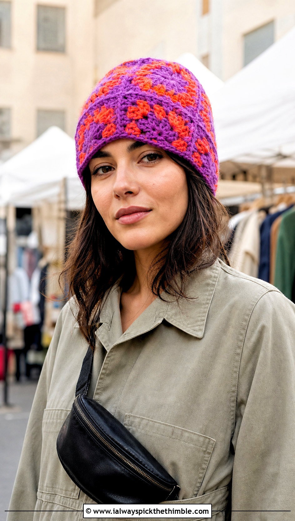 Color Block Granny Square Beanie With Utility Jumpsuit - 20 granny square beanie outfit ideas