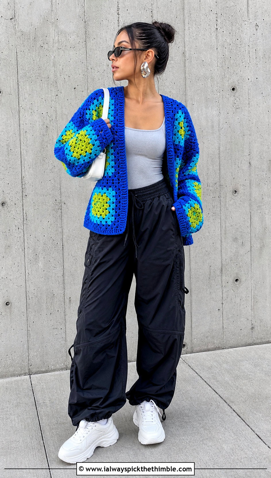 Color Block Granny Square Cardigan With Parachute Pants - 20 Crochet Fall Granny Square Cardigan outfit ideas