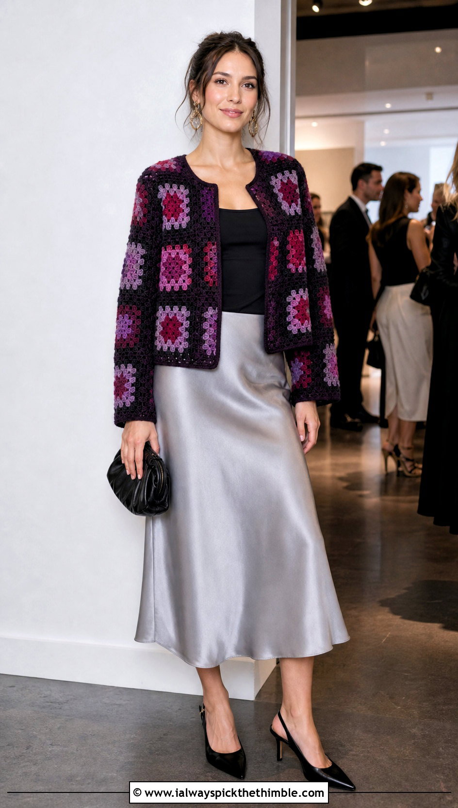Color Block Granny Square Cardigan With Satin Midi Skirt - 20 boho granny square cardigan outfit ideas