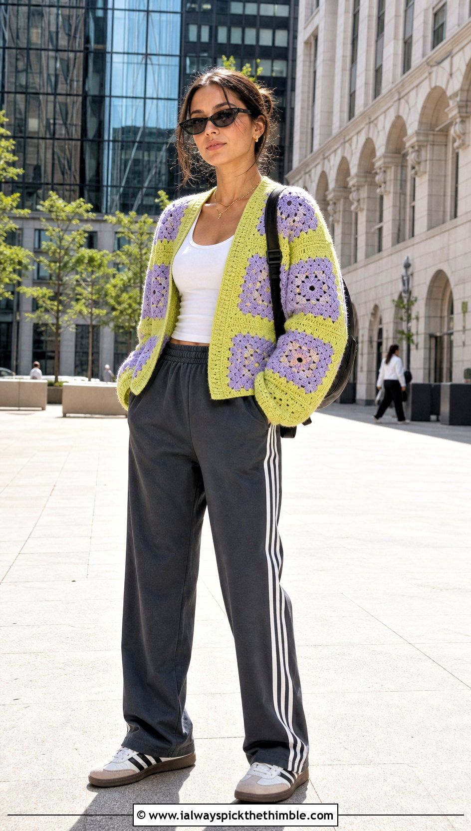 Color Block Granny Square Cardigan With Track Pants - 20 pastel granny square cardigan outfit ideas