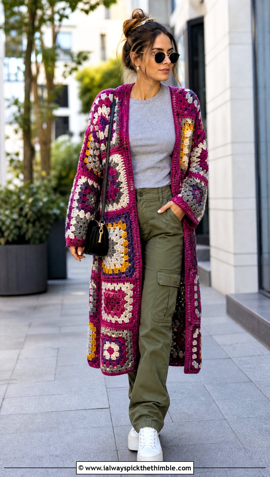Color Block Granny Square Coat With Cargo Pants - 20 crochet granny square coat outfit ideas