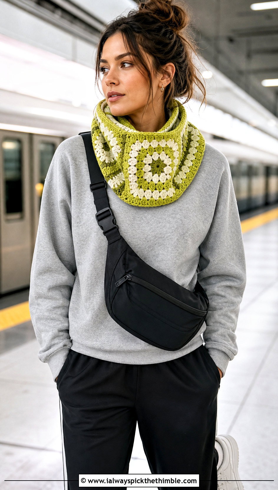 Color Block Granny Square Cowl With Sweatshirt and Track Pants - 20 Granny Square Cowl outfit ideas