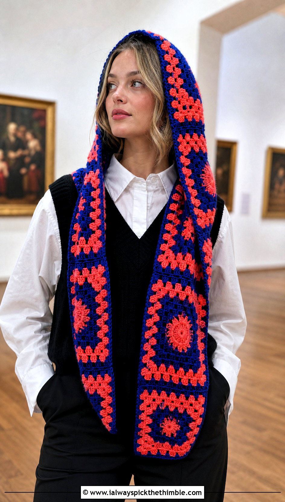 Color Block Granny Square Crochet Hooded Scarf With White Shirt - 20 Granny Square Crochet Hooded Scarf outfit ideas