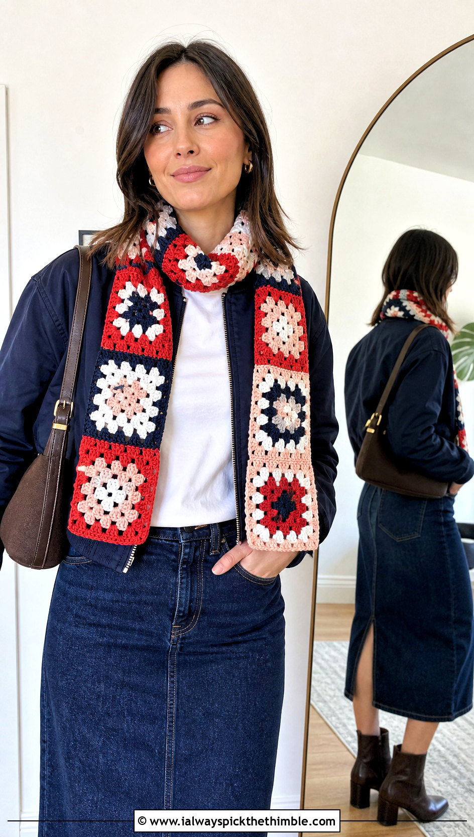 Color Block Granny Square Crochet Scarf With Denim Skirt - 25 granny square crochet scarf outfit ideas