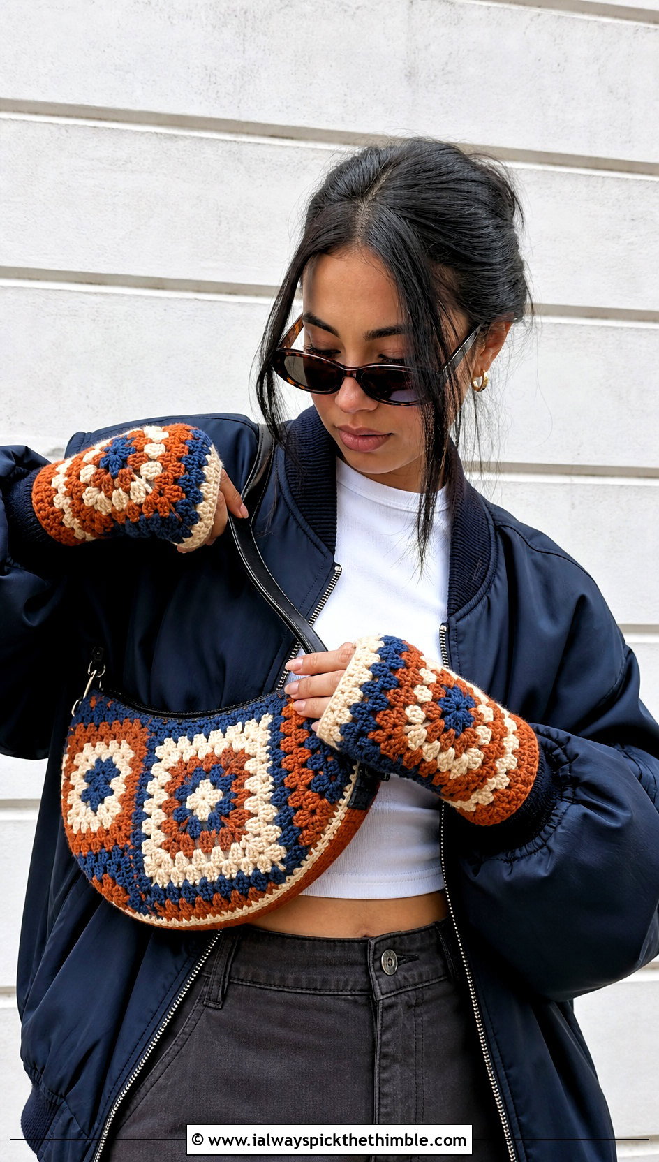 Color Block Granny Square Gloves With Bomber Jacket - 20 Fingerless Granny Square Gloves outfit ideas