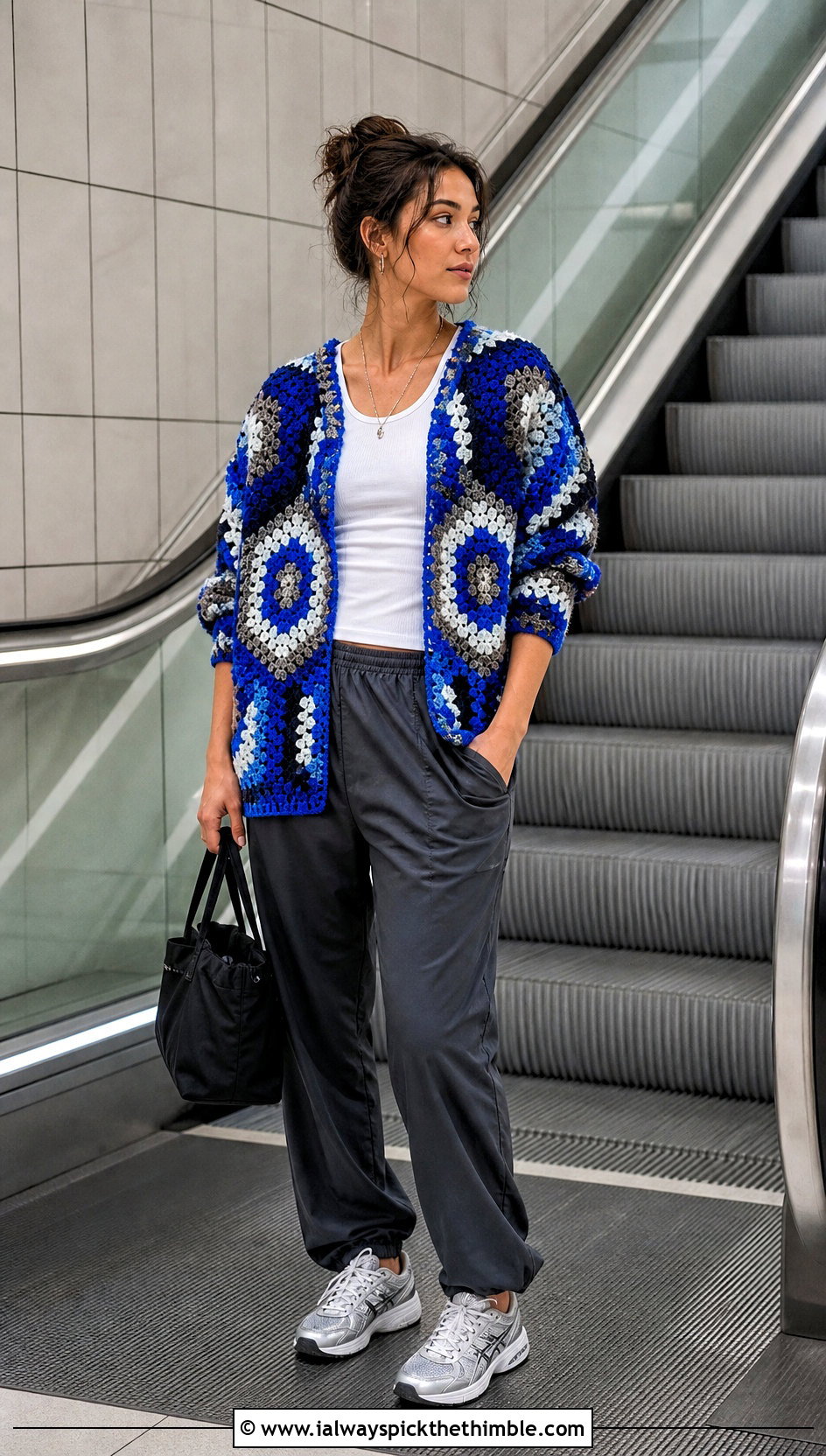 Color Block Granny Square Hexagon Cardigan With Track Pants - 25 granny square hexagon cardigan outfit ideas