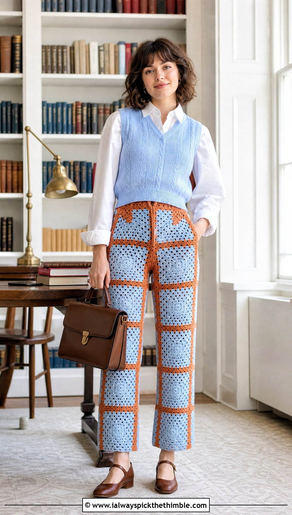 Color Block Granny Square High Waisted Pants With Oxford Shirt And Mary Janes - 20 Granny Square Crochet Pants outfit ideas