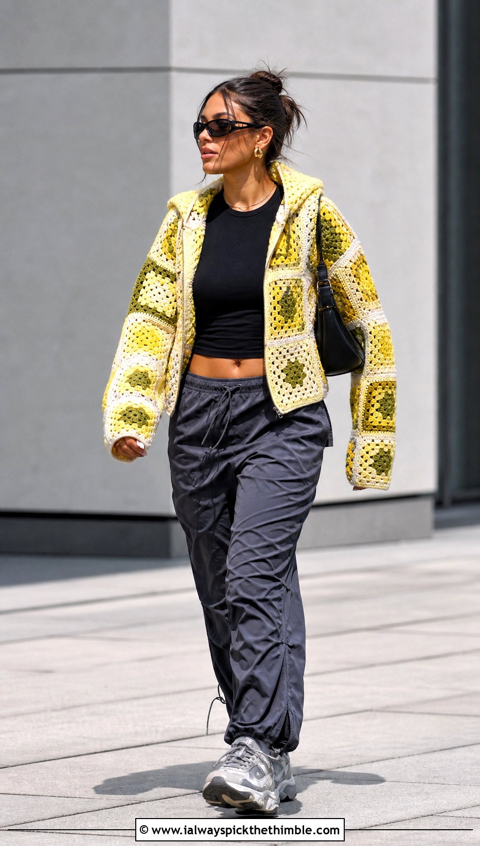 Color Block Granny Square Hooded Jacket With Parachute Pants - 20 Granny Square Hooded Jacket outfit ideas