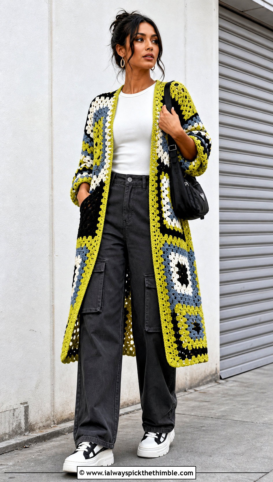 Color Block Granny Square Kimono With Cargo Pants - 20 granny square kimono outfit ideas