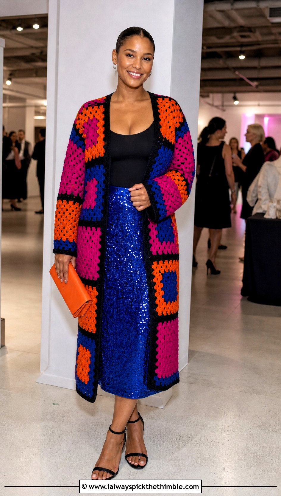 Color Block Granny Square Long Cardigan With Sequin Skirt - 20 crochet granny square long cardigan outfit ideas
