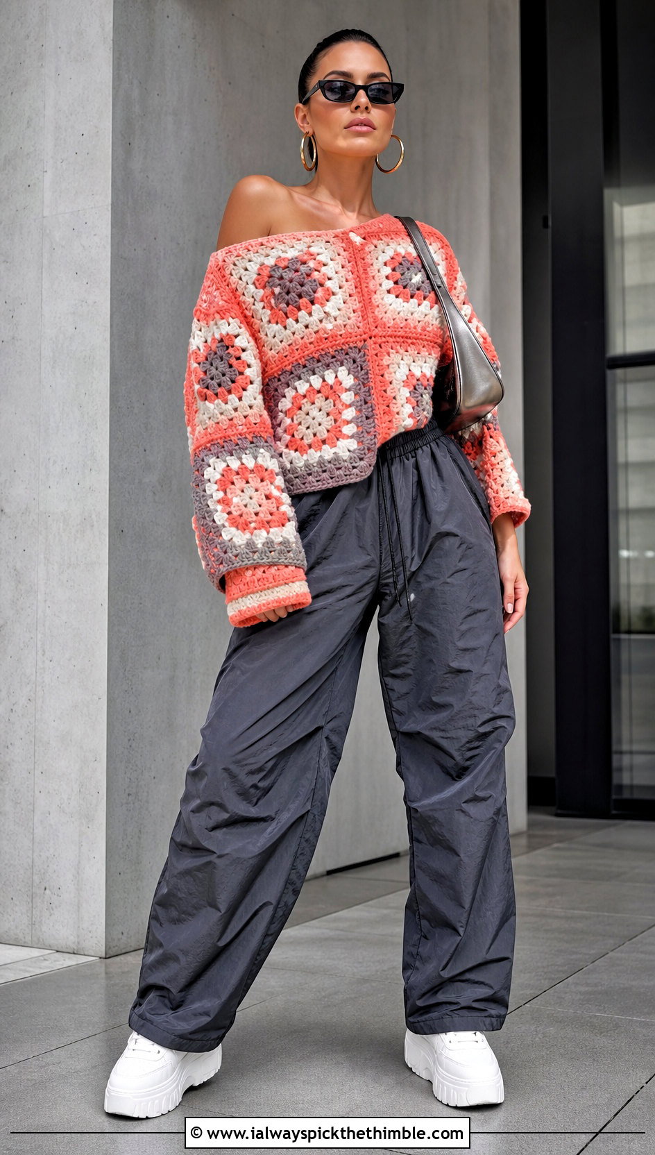 Color Block Granny Square Off The Shoulder Sweater With Parachute Pants - 20 granny square off the shoulder sweater outfit ideas