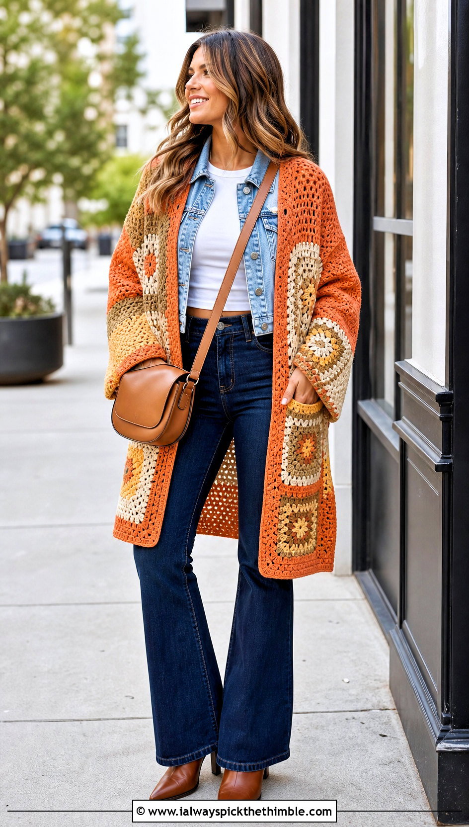 Color Block Granny Square Pocket Shawl With Denim Jacket - 20 Granny Square Pocket Shawl outfit ideas
