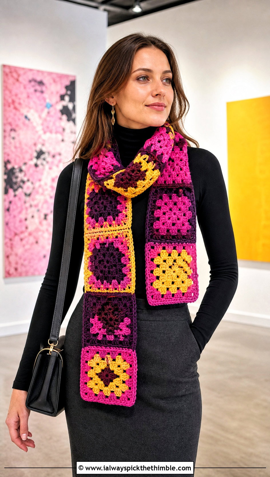 Color Block Granny Square Scarf With Turtleneck And Column Skirt - 25 granny crochet scarf outfit ideas