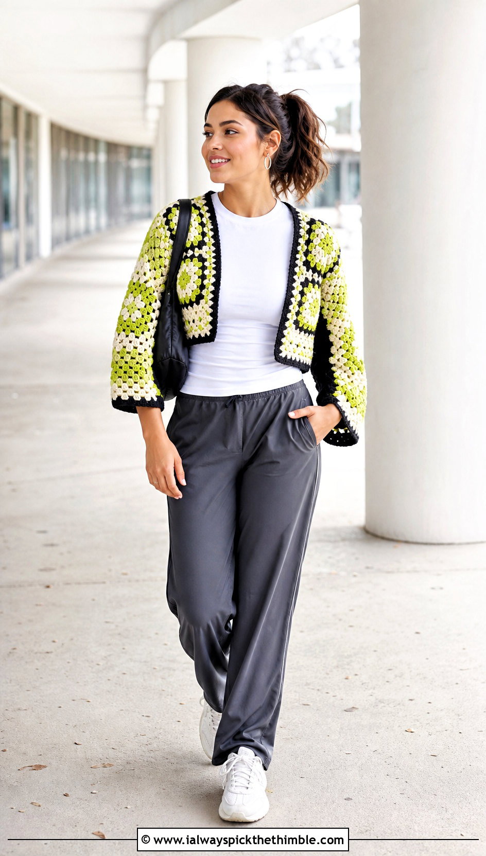 Color Block Granny Square Shrug With Track Pants - 20 Crochet Granny Shrug outfit ideas