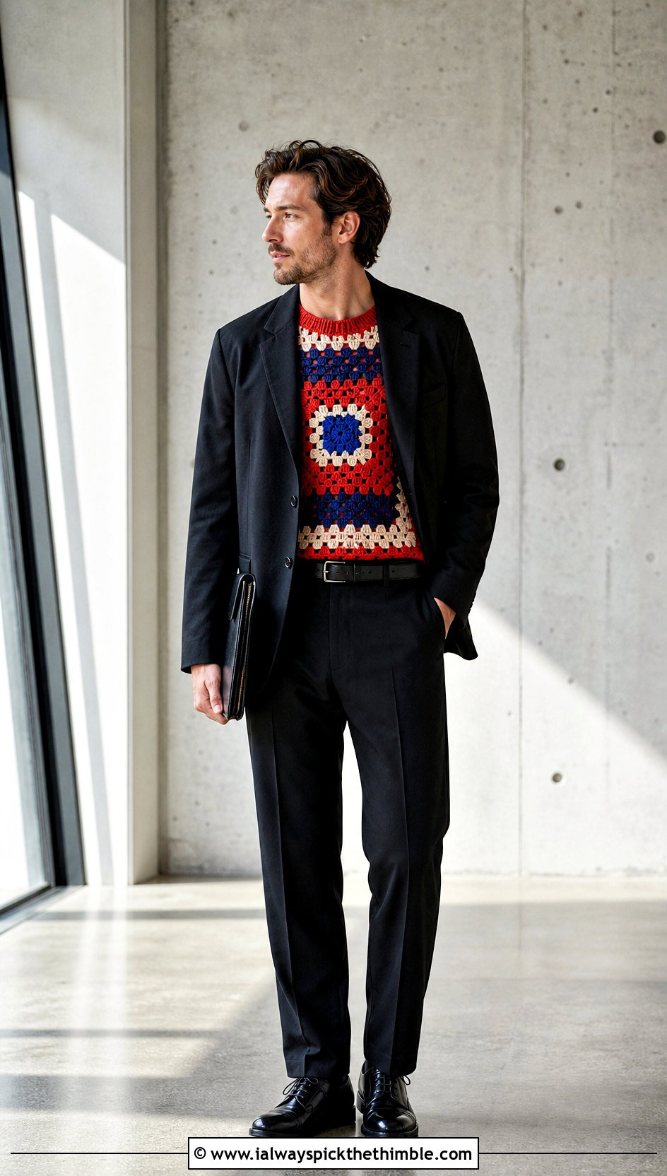 Color Block Granny Square Sweater With Suit Trousers - 20 Crochet Granny Square Sweater For Men outfit ideas