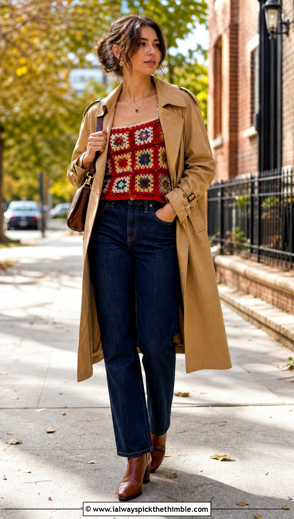 Color Block Granny Square Tank Top With Trench Coat And Jeans - 25 granny square tank top outfit ideas