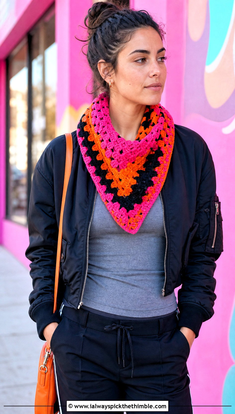 Color Block Granny Square Triangle Shawl With Bomber Jacket And Track Pants - 20 granny square triangle shawl outfit ideas