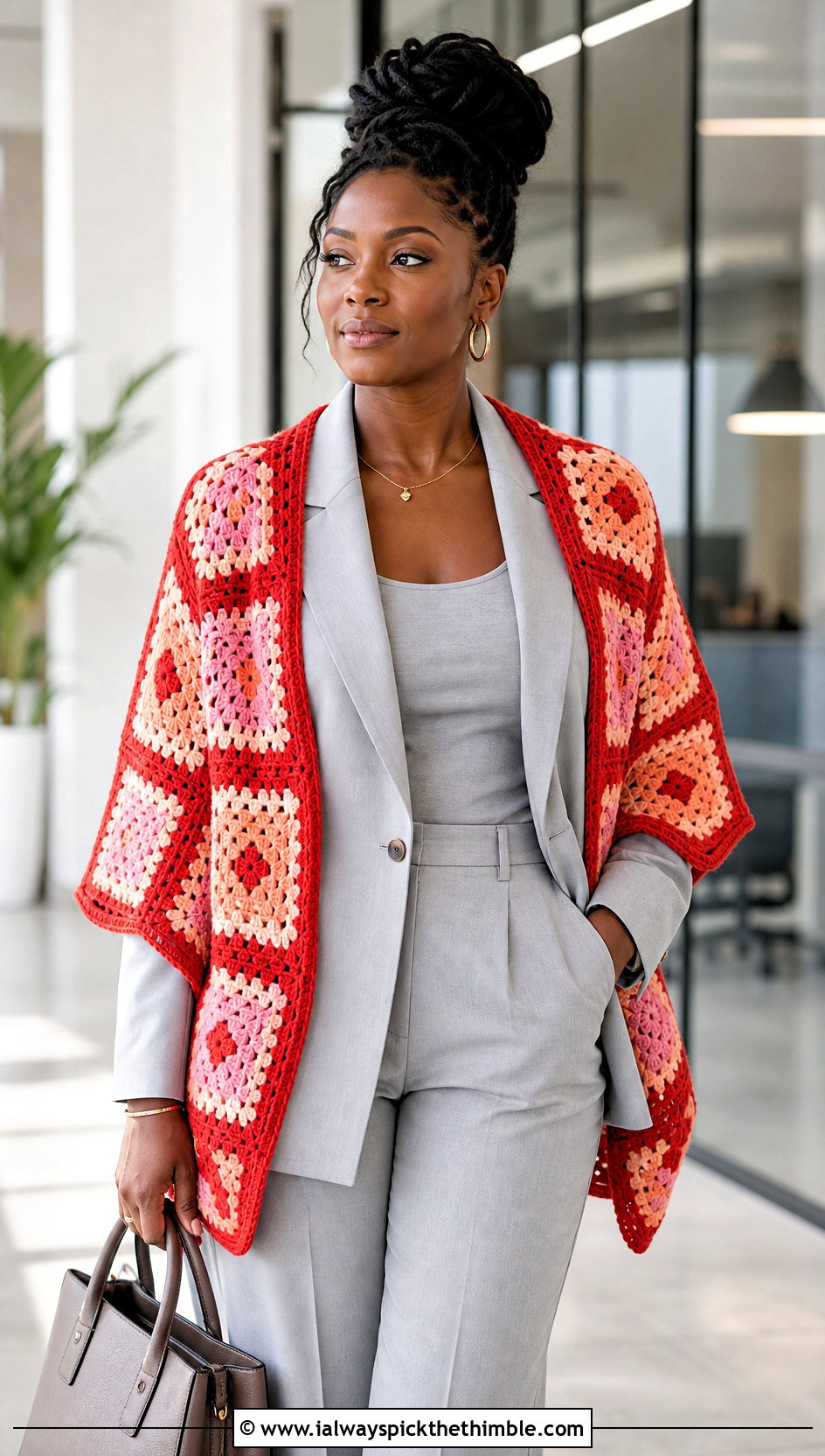 Color Block Granny Square Wrap With Monochrome Suit - 20 granny square wrap outfit ideas