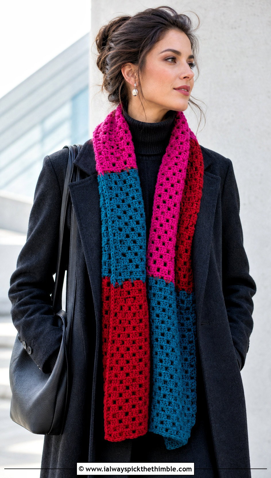 Color Block Granny Stitch Scarf With Monochrome Outfit - 20 crochet granny stitch scarf outfit ideas