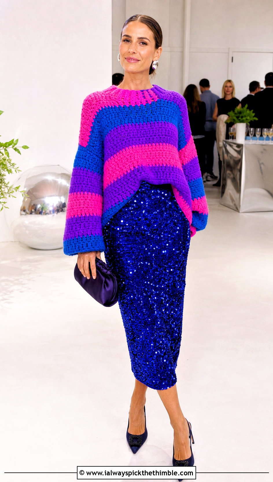 Color Block Granny Stripe Sweater With Sequin Midi Skirt - 20 Crochet Granny Stripe Sweater outfit ideas