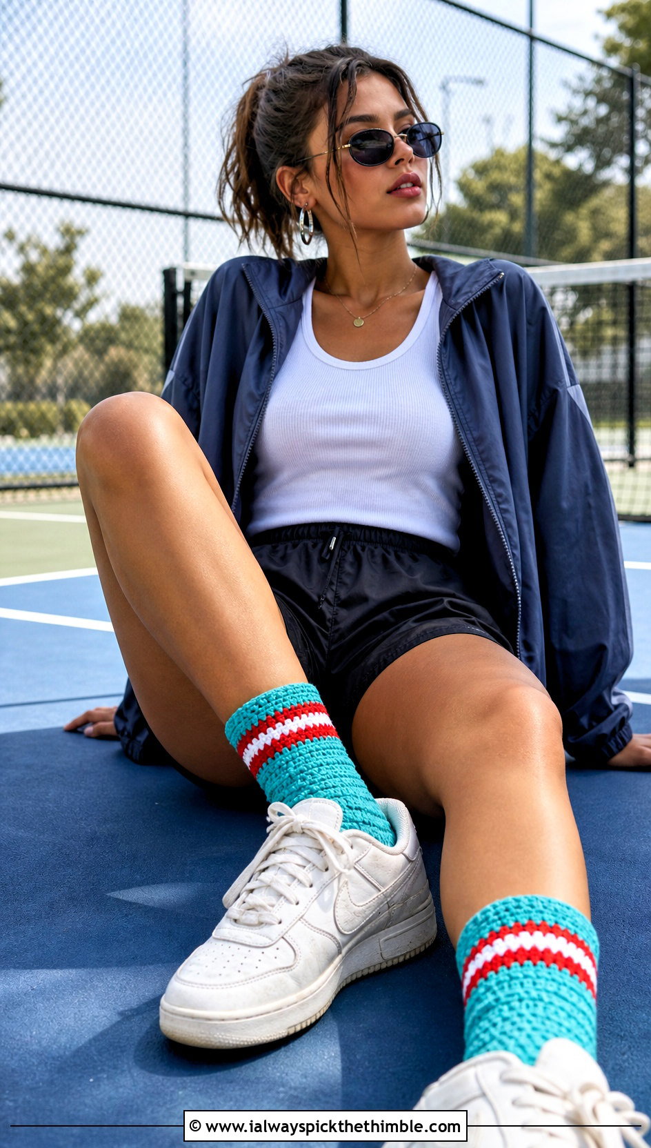 Color Block Granny Tube Socks With Sporty Shorts - 20 Crochet Granny Socks outfit ideas
