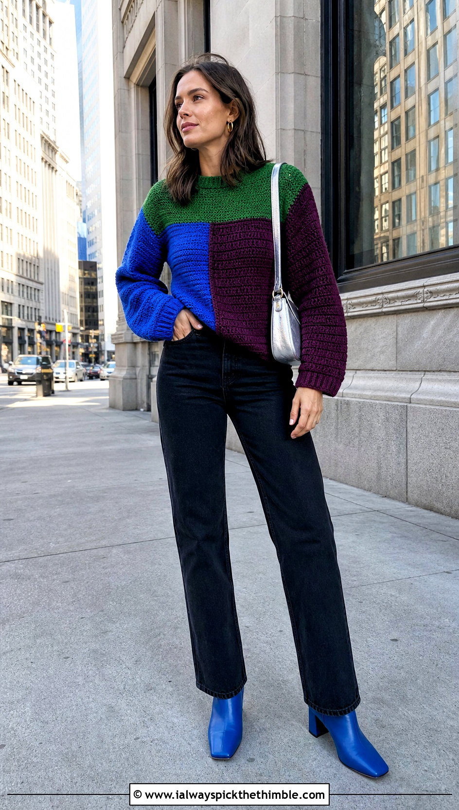 Color Block Green Crochet Sweater With Black Jeans - 25 green crochet sweater outfit ideas
