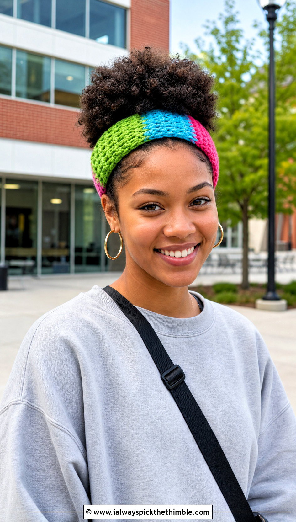 Color Block Hair Tie Crochet Headband With Sweatshirt And Cargo Pants - 15 crochet headband using hair tie outfit ideas