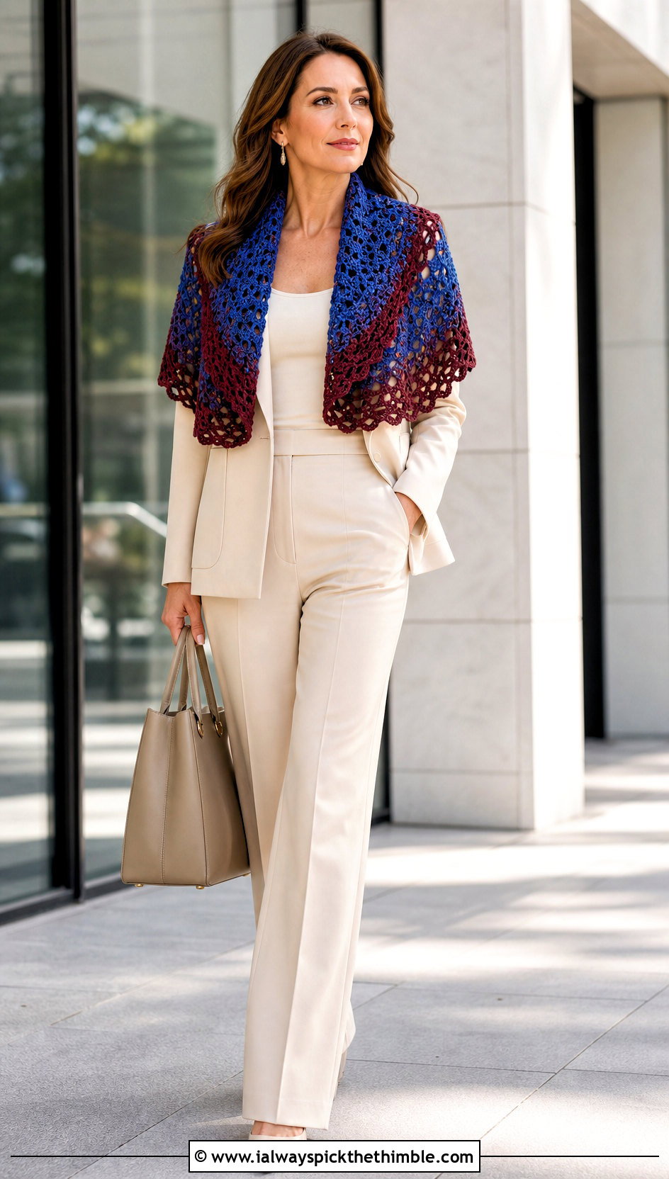 Color Block Half Circle Crochet Shawl With Trouser Suit - 15 Half Circle Crochet Shawl outfit ideas